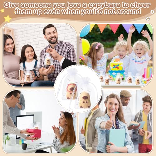 RoundFunny 12-Pack Capybara Stress Balls with Inspirational Cards & Organza Bags - Mini Squeeze Toys for Employee Gifts, Party Favors