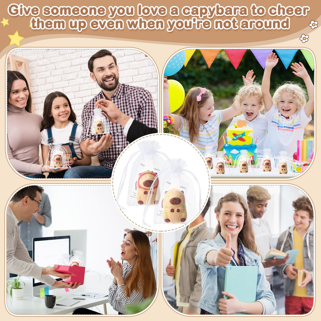 RoundFunny 12-Pack Capybara Stress Balls with Inspirational Cards & Organza Bags - Mini Squeeze Toys for Employee Gifts, Party Favors