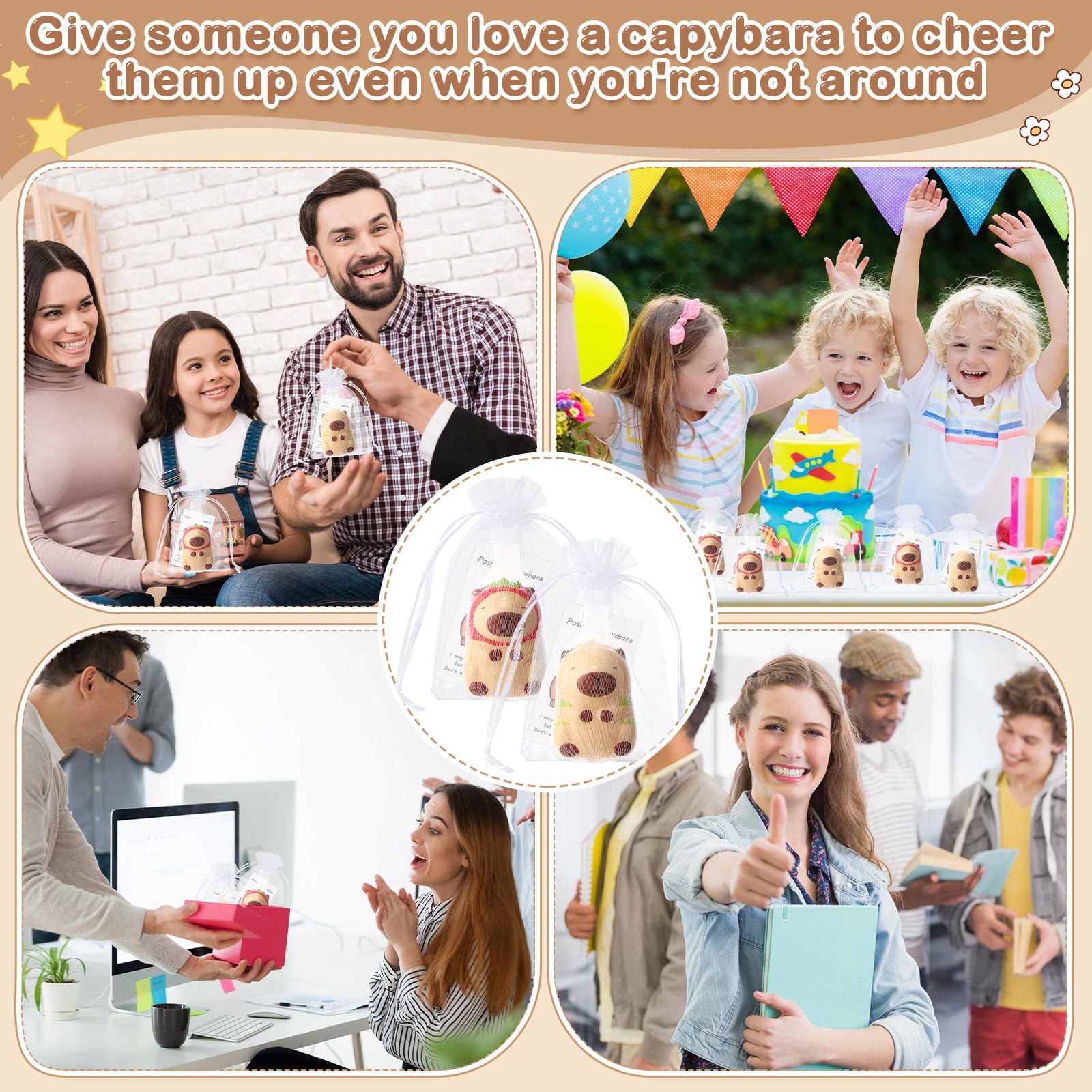 RoundFunny 12-Pack Capybara Stress Balls with Inspirational Cards & Organza Bags - Mini Squeeze Toys for Employee Gifts, Party Favors