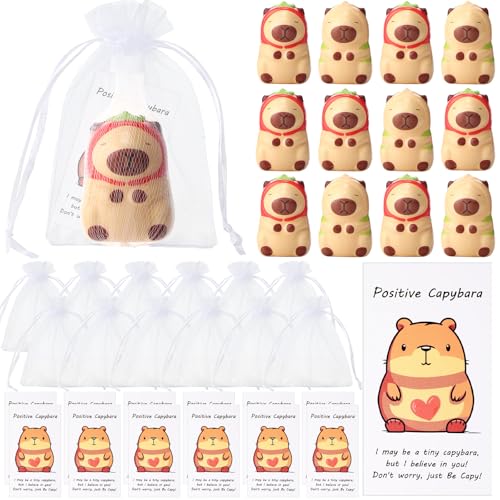 RoundFunny 12-Pack Capybara Stress Balls with Inspirational Cards & Organza Bags - Mini Squeeze Toys for Employee Gifts, Party Favors
