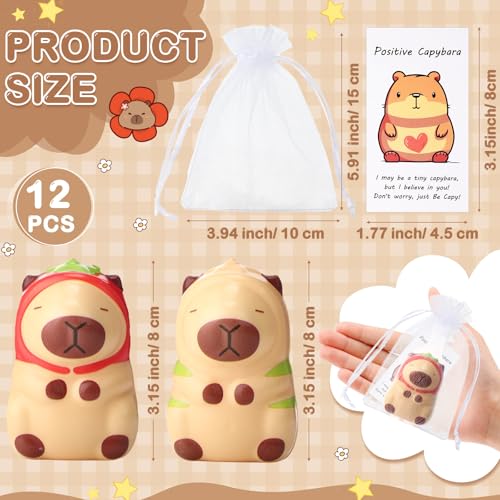 RoundFunny 12-Pack Capybara Stress Balls with Inspirational Cards & Organza Bags - Mini Squeeze Toys for Employee Gifts, Party Favors