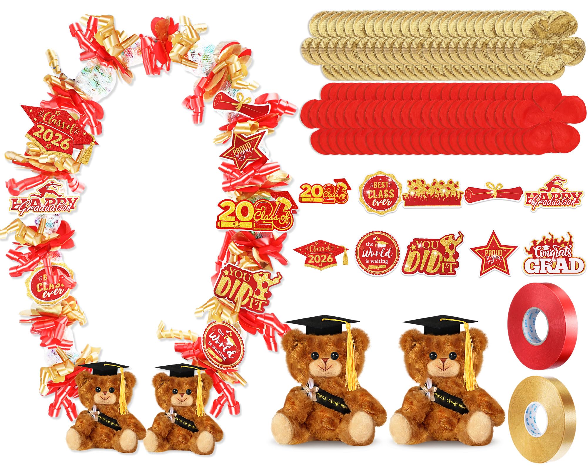 RoundFunny 82-Piece 2026 Graduation Candy Lei Making Kit – Red & Gold DIY Set with Netting Tubing, Plush Bears, Ribbons, and Decorations