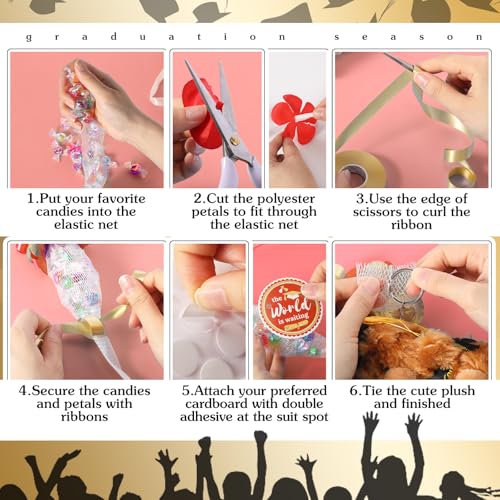 RoundFunny 82-Piece 2026 Graduation Candy Lei Making Kit – Red & Gold DIY Set with Netting Tubing, Plush Bears, Ribbons, and Decorations
