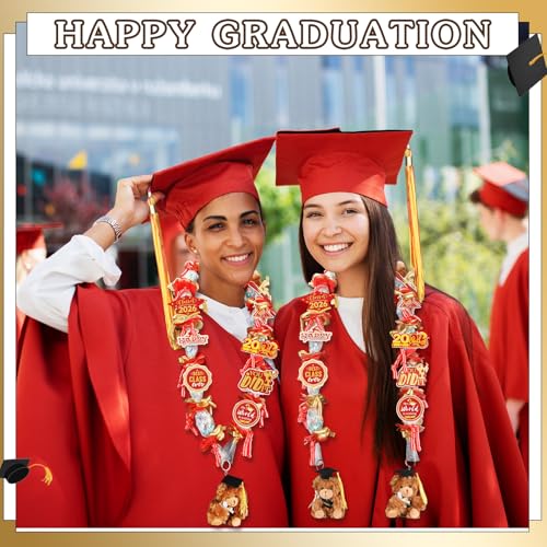 RoundFunny 82-Piece 2026 Graduation Candy Lei Making Kit – Red & Gold DIY Set with Netting Tubing, Plush Bears, Ribbons, and Decorations