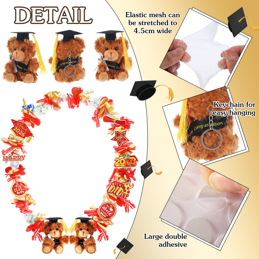RoundFunny 82-Piece 2026 Graduation Candy Lei Making Kit – Red & Gold DIY Set with Netting Tubing, Plush Bears, Ribbons, and Decorations