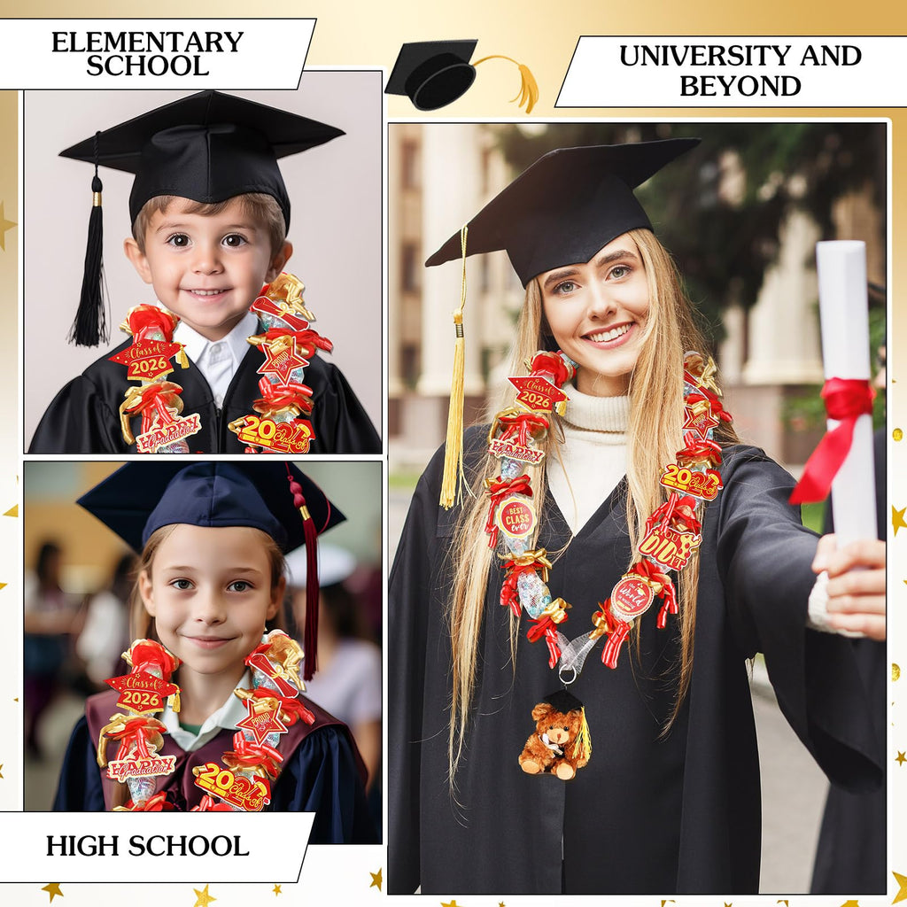 RoundFunny 82-Piece 2026 Graduation Candy Lei Making Kit – Red & Gold DIY Set with Netting Tubing, Plush Bears, Ribbons, and Decorations