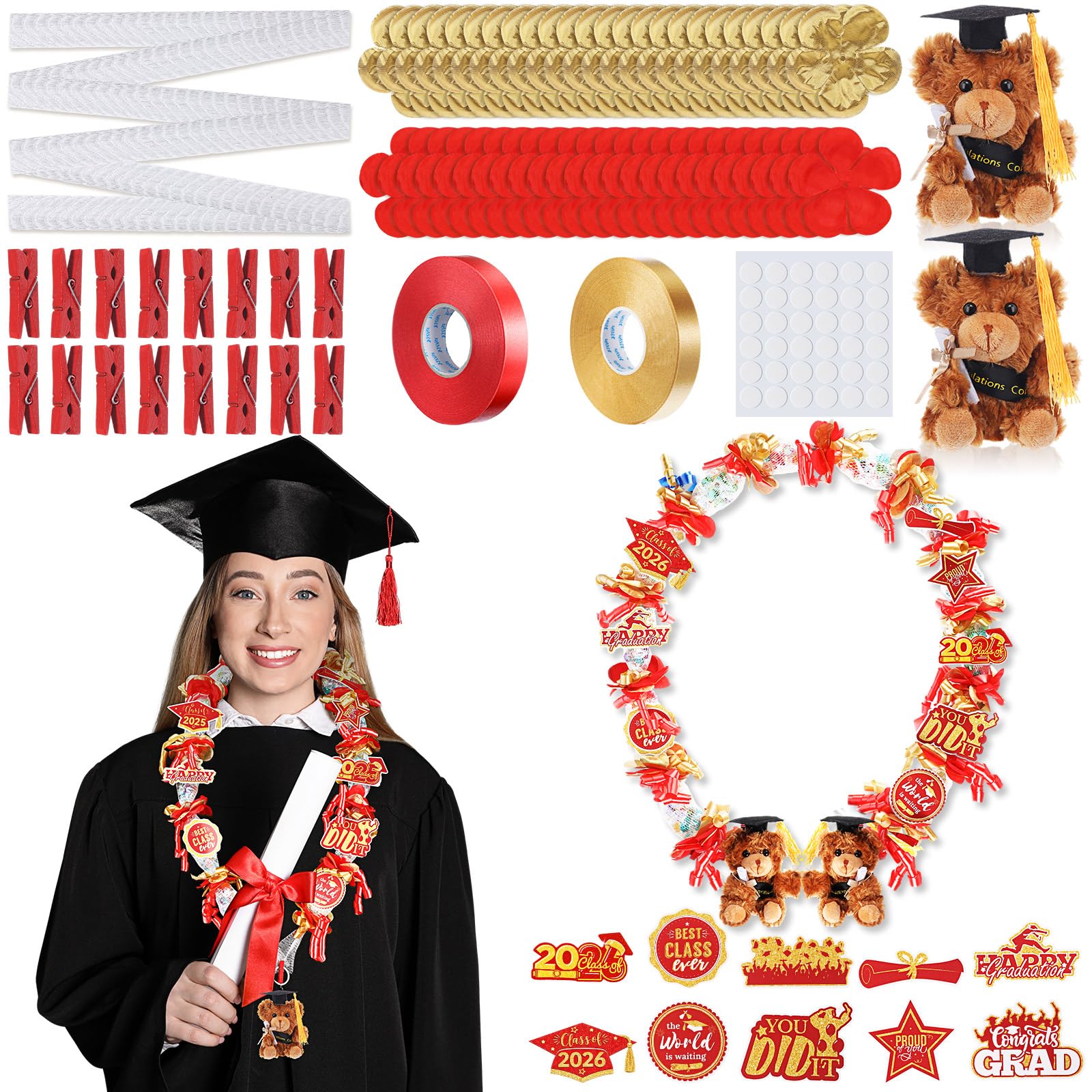 RoundFunny 82-Piece 2026 Graduation Candy Lei Making Kit – Red & Gold DIY Set with Netting Tubing, Plush Bears, Ribbons, and Decorations