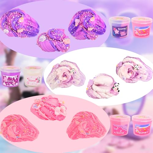 Rowecvce 6 Pack Pink & Purple Slime Kit with Animal Charms, Butter Cloud Clear Slimes, Sensory DIY Party Favors for Kids Ages 4-12