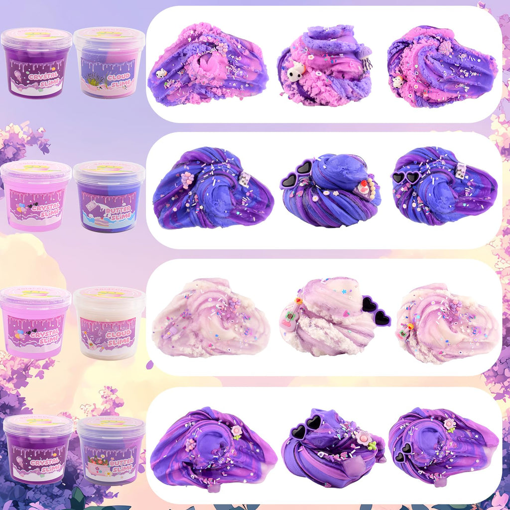 Rowecvce 6-Pack Slime Kit – Purple Butter, Cloud & Clear Slime with Accessories, Sensory Toy for Kids Ages 5-12