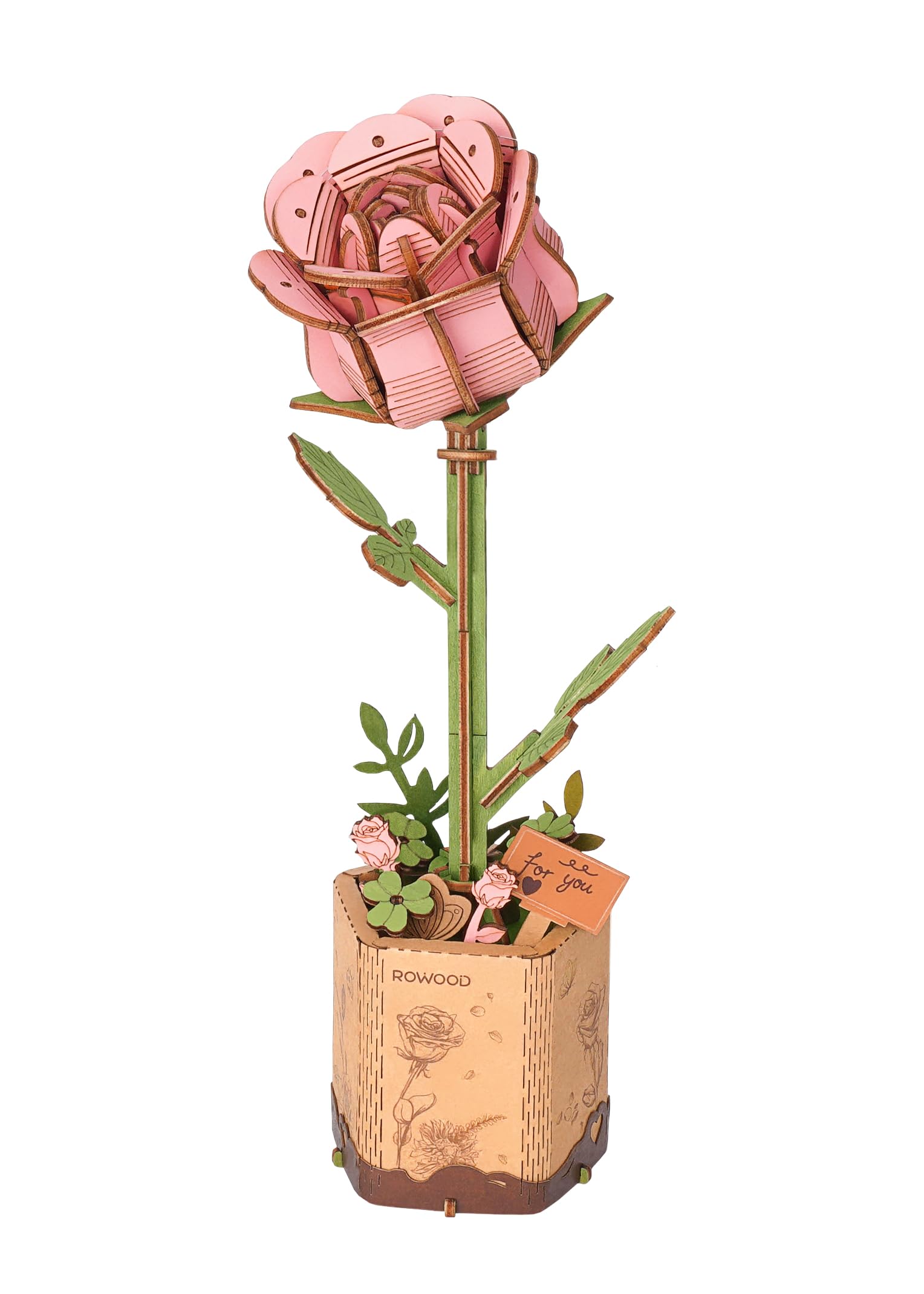 rowood Pink Rose Wooden Flower Craft Kit – 3D Puzzle for Adults with Adjustable Stems & Surprise Insect Cards