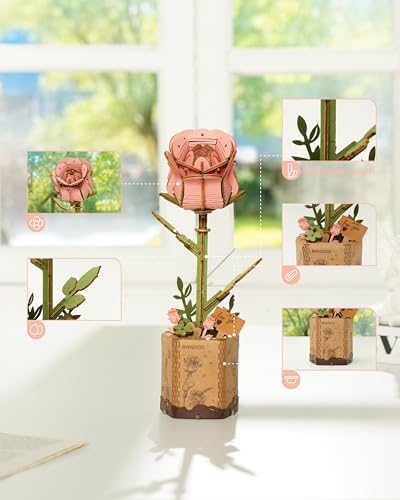 rowood Pink Rose Wooden Flower Craft Kit – 3D Puzzle for Adults with Adjustable Stems & Surprise Insect Cards