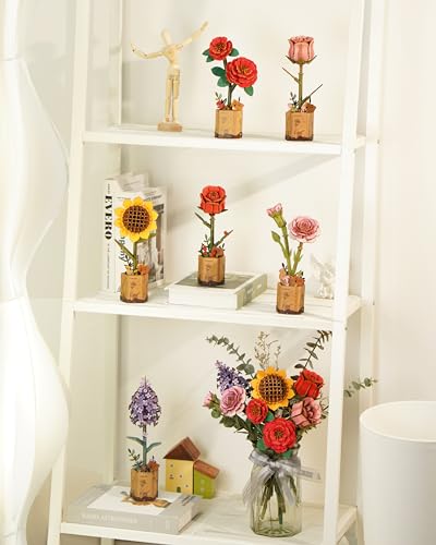 rowood Pink Rose Wooden Flower Craft Kit – 3D Puzzle for Adults with Adjustable Stems & Surprise Insect Cards