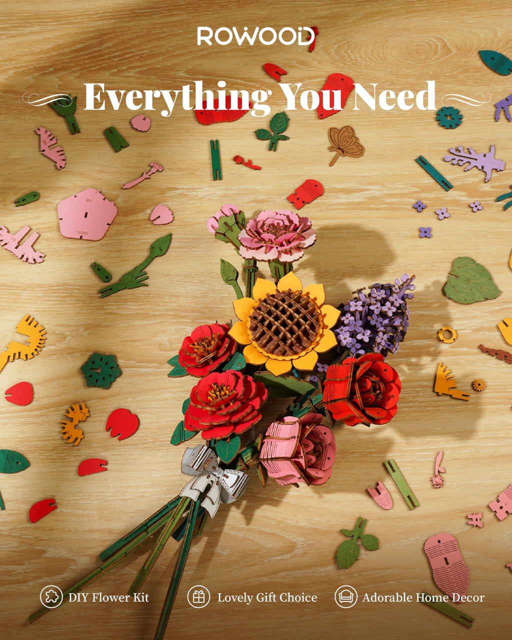 rowood Pink Rose Wooden Flower Craft Kit – 3D Puzzle for Adults with Adjustable Stems & Surprise Insect Cards