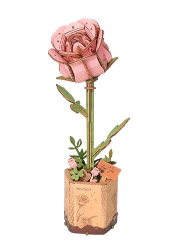 rowood Pink Rose Wooden Flower Craft Kit – 3D Puzzle for Adults with Adjustable Stems & Surprise Insect Cards
