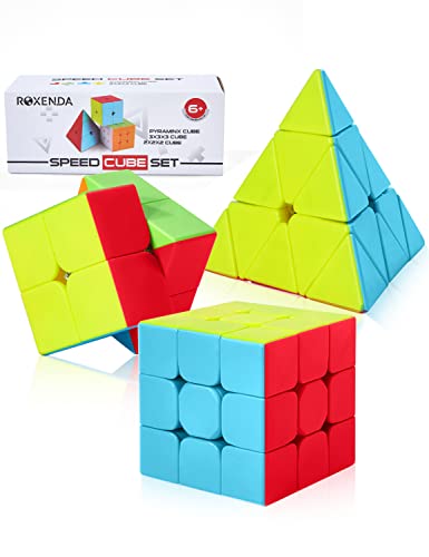 ROXENDA Speed Cube Set – 2x2, 3x3 & Pyramid Puzzle Cubes (Stickerless, Pre-Lubricated)
