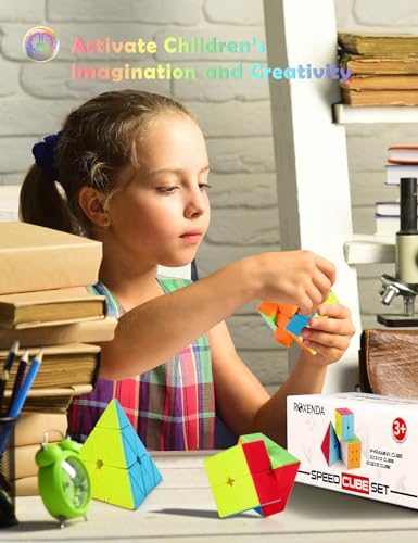 ROXENDA Speed Cube Set – 2x2, 3x3 & Pyramid Puzzle Cubes (Stickerless, Pre-Lubricated)