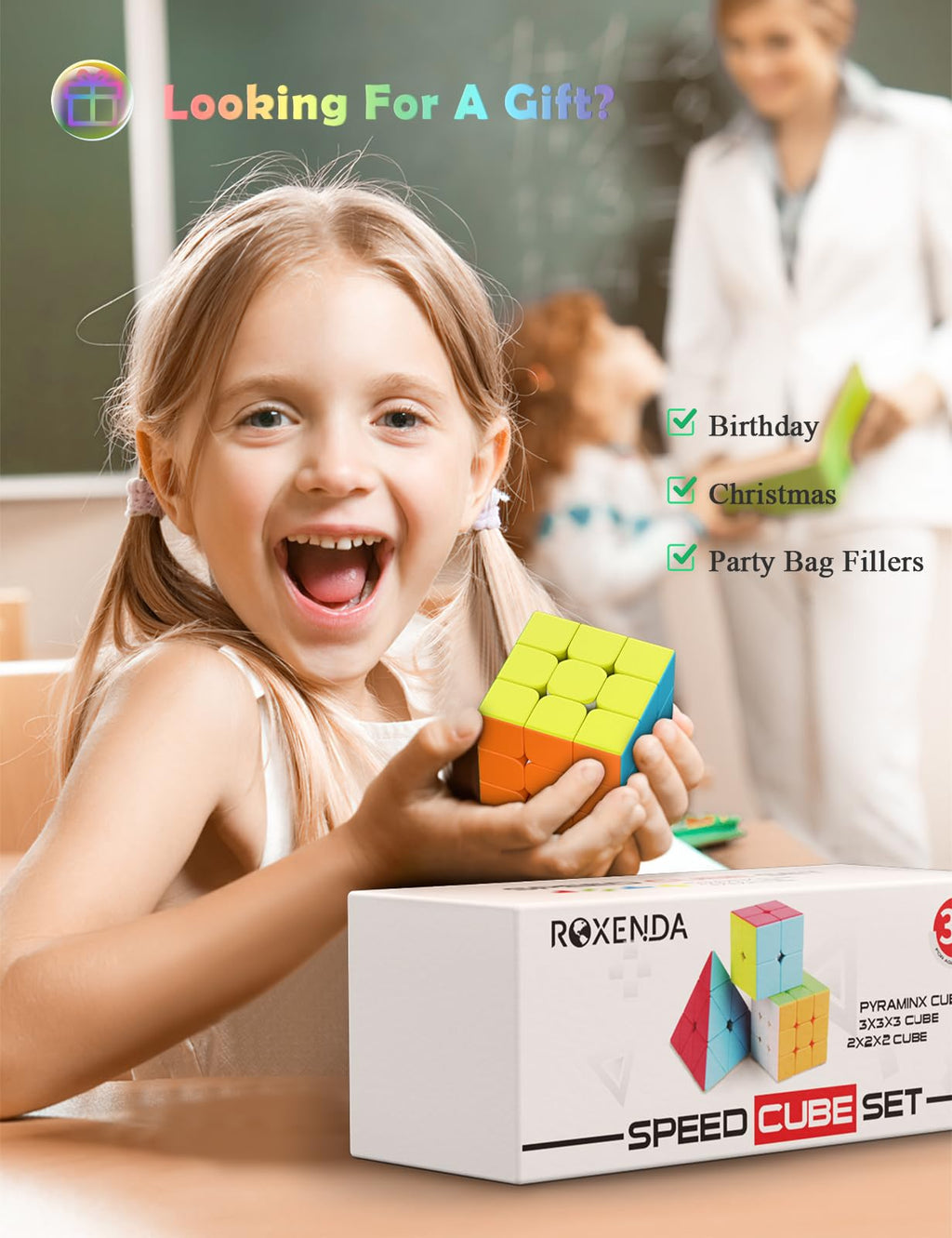 ROXENDA Speed Cube Set – 2x2, 3x3 & Pyramid Puzzle Cubes (Stickerless, Pre-Lubricated)