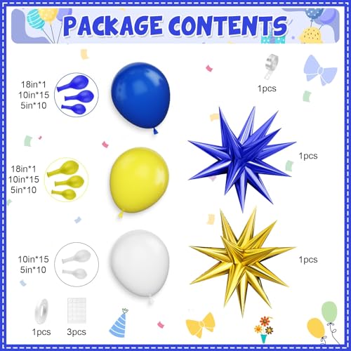 Royal Blue Yellow White Balloon Arch Kit with 4D Foil Star Balloons – 109 Piece Party Garland for Graduation, Baby Shower, Birthday