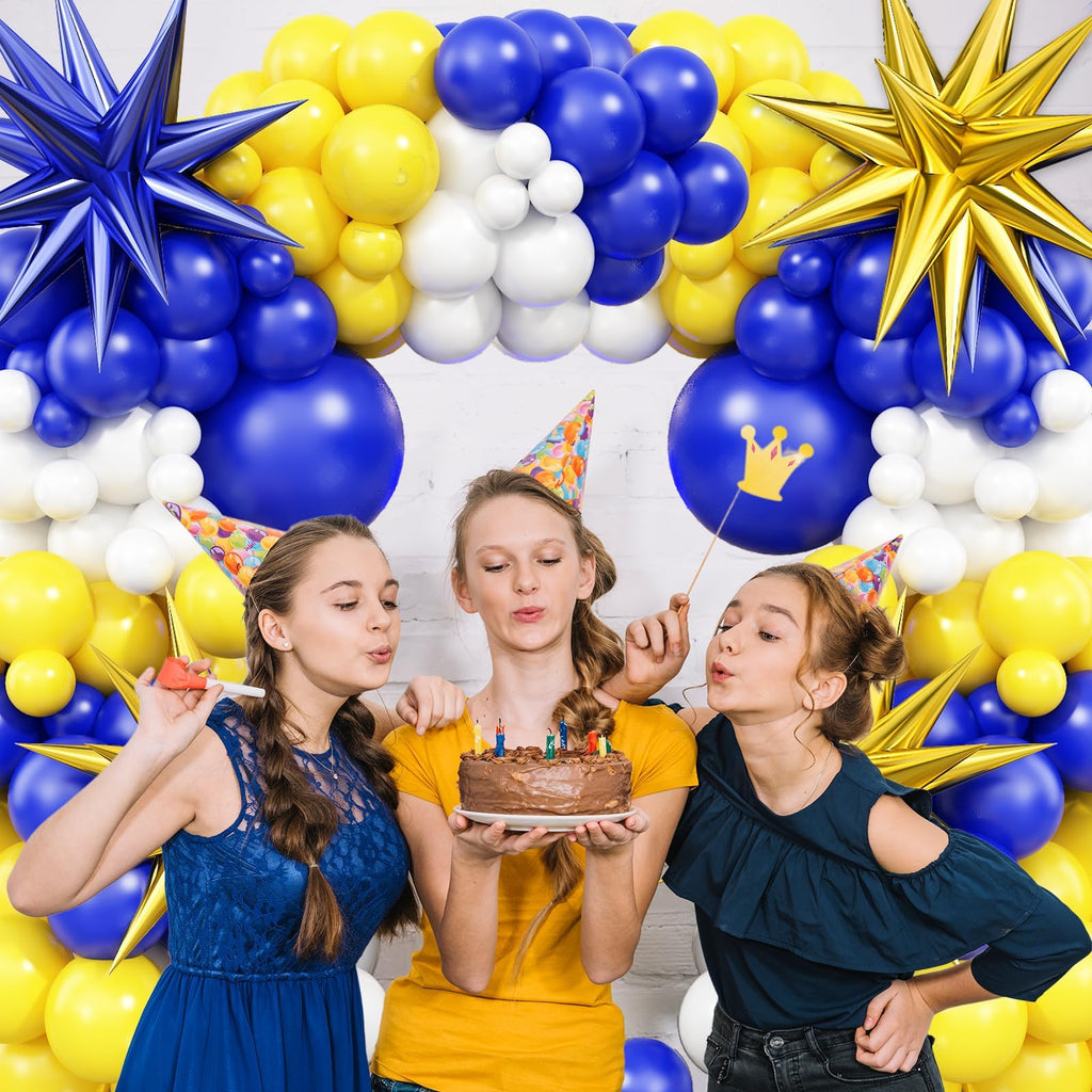 Royal Blue Yellow White Balloon Arch Kit with 4D Foil Star Balloons – 109 Piece Party Garland for Graduation, Baby Shower, Birthday