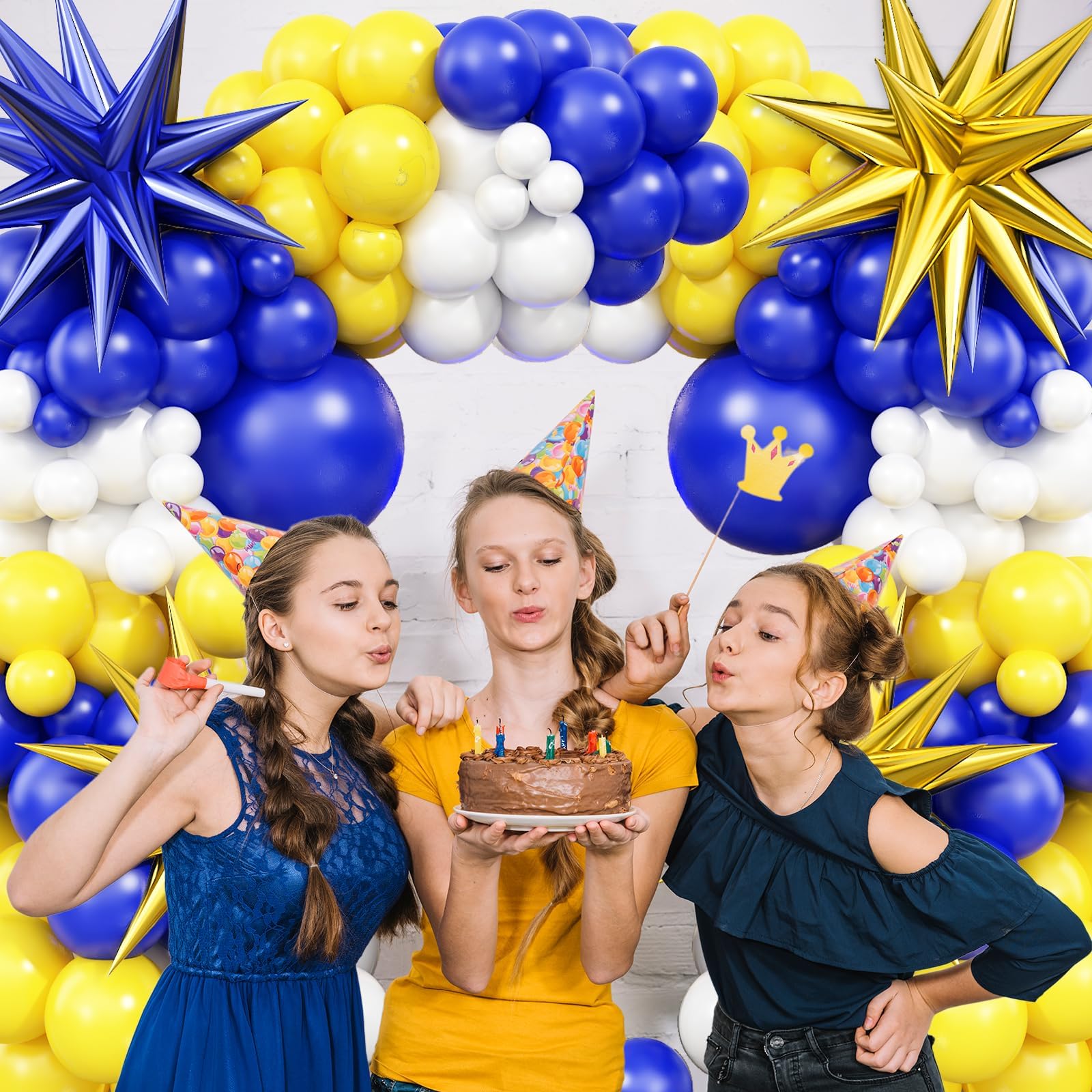 Royal Blue Yellow White Balloon Arch Kit with 4D Foil Star Balloons – 109 Piece Party Garland for Graduation, Baby Shower, Birthday