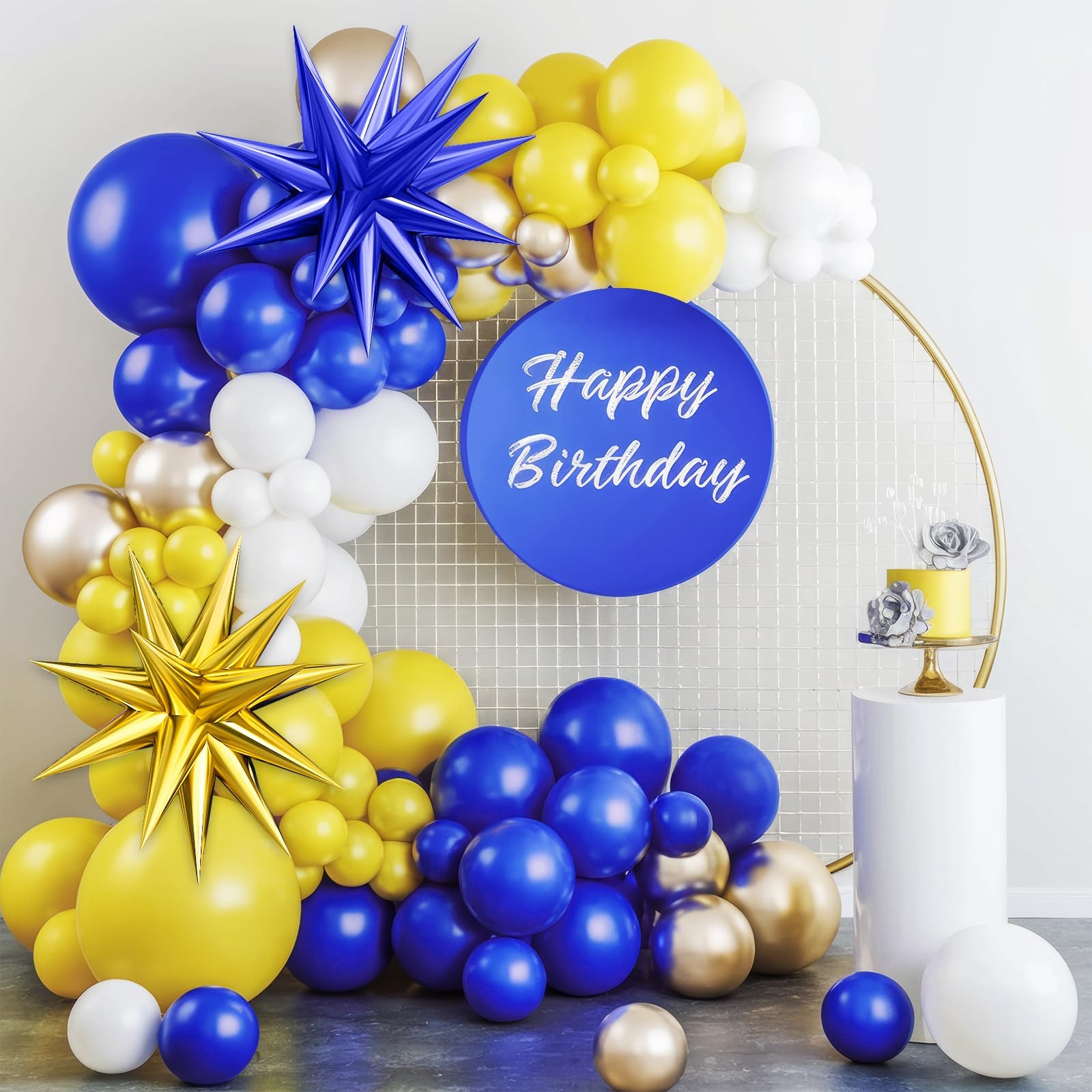 Royal Blue Yellow White Balloon Arch Kit with 4D Foil Star Balloons – 109 Piece Party Garland for Graduation, Baby Shower, Birthday