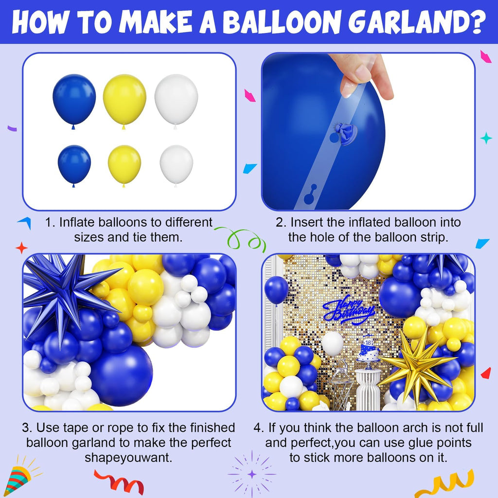 Royal Blue Yellow White Balloon Arch Kit with 4D Foil Star Balloons – 109 Piece Party Garland for Graduation, Baby Shower, Birthday