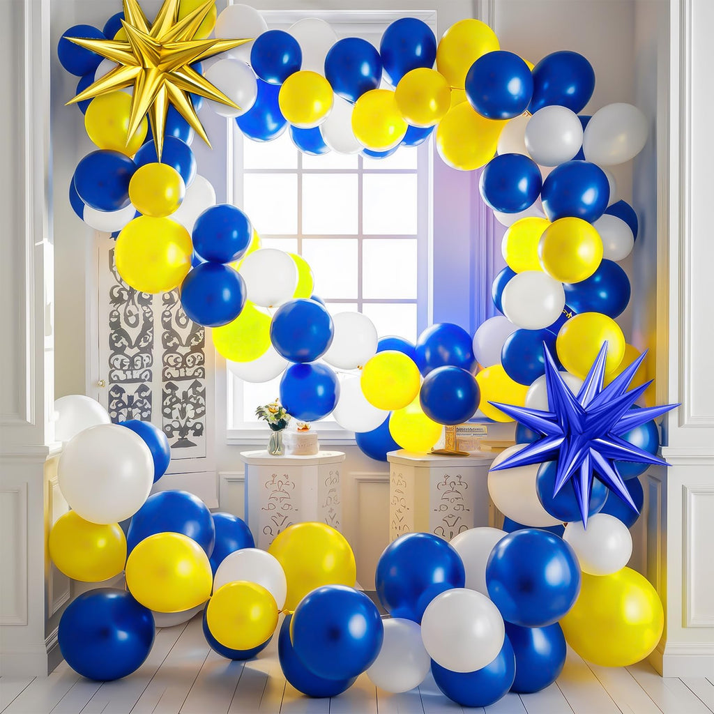 Royal Blue Yellow White Balloon Arch Kit with 4D Foil Star Balloons – 109 Piece Party Garland for Graduation, Baby Shower, Birthday