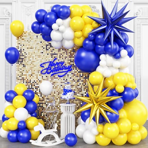 Royal Blue Yellow White Balloon Arch Kit with 4D Foil Star Balloons – 109 Piece Party Garland for Graduation, Baby Shower, Birthday