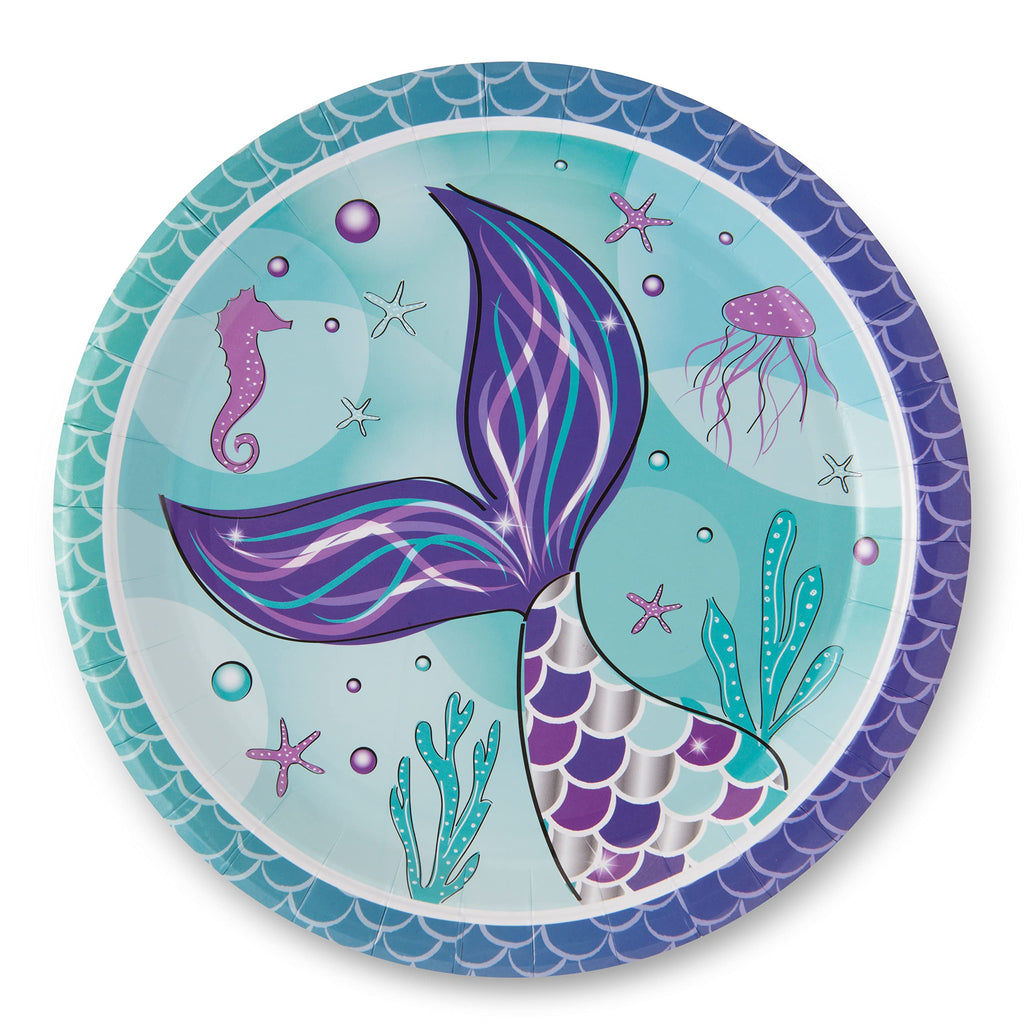 Royal Bluebonnet Mermaid Party Plates – 24 Sets of Purple & Teal Paper Plates, Napkins, and Cups for Under the Sea Birthday Decorations