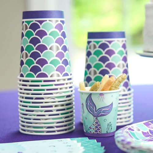 Royal Bluebonnet Mermaid Party Plates – 24 Sets of Purple & Teal Paper Plates, Napkins, and Cups for Under the Sea Birthday Decorations