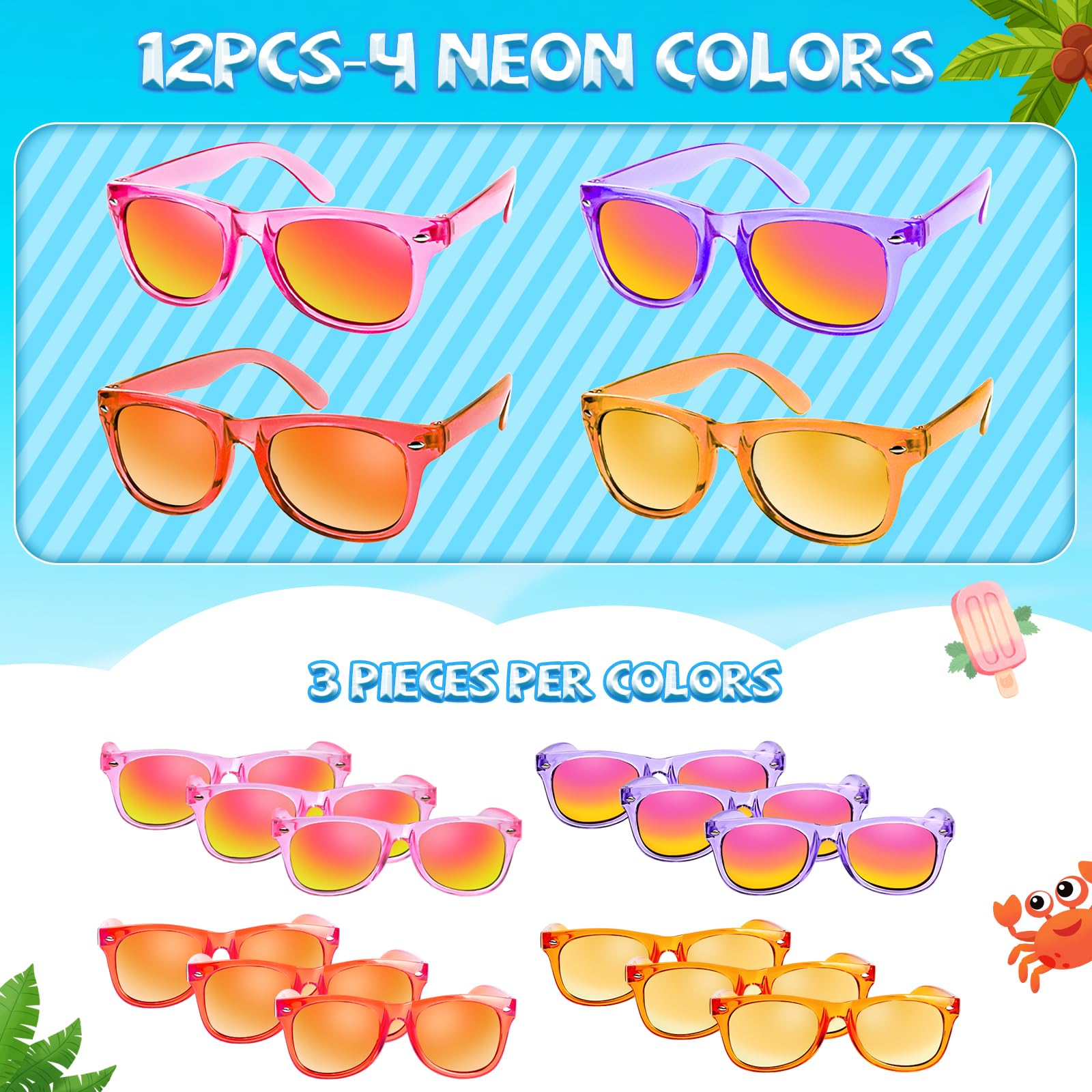 Rugort Kids Sunglasses Party Favors - 12 Pack Neon UV400 Polarized for Ages 3-8