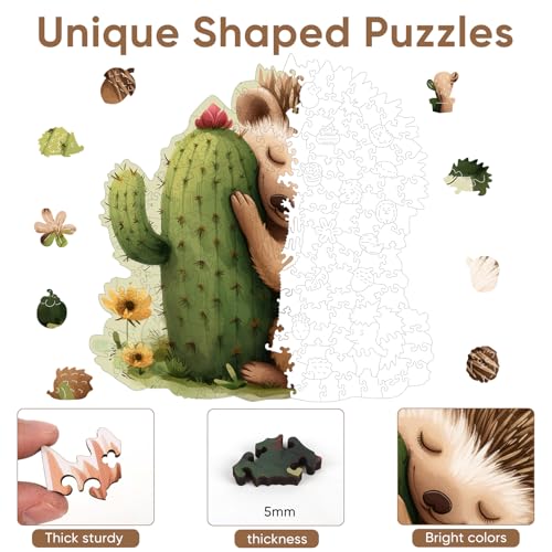 Ruikiyart 200-Piece Wooden Jigsaw Puzzle – Hedgehog Cactus Unique Shapes, 11.1" x 11.2"