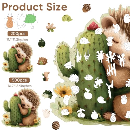 Ruikiyart 200-Piece Wooden Jigsaw Puzzle – Hedgehog Cactus Unique Shapes, 11.1" x 11.2"