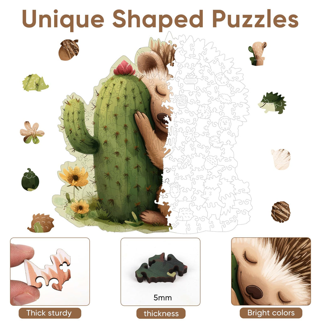 Ruikiyart 200-Piece Wooden Jigsaw Puzzle – Hedgehog Cactus Unique Shapes, 11.1" x 11.2"