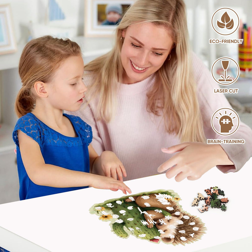 Ruikiyart 200-Piece Wooden Jigsaw Puzzle – Hedgehog Cactus Unique Shapes, 11.1" x 11.2"