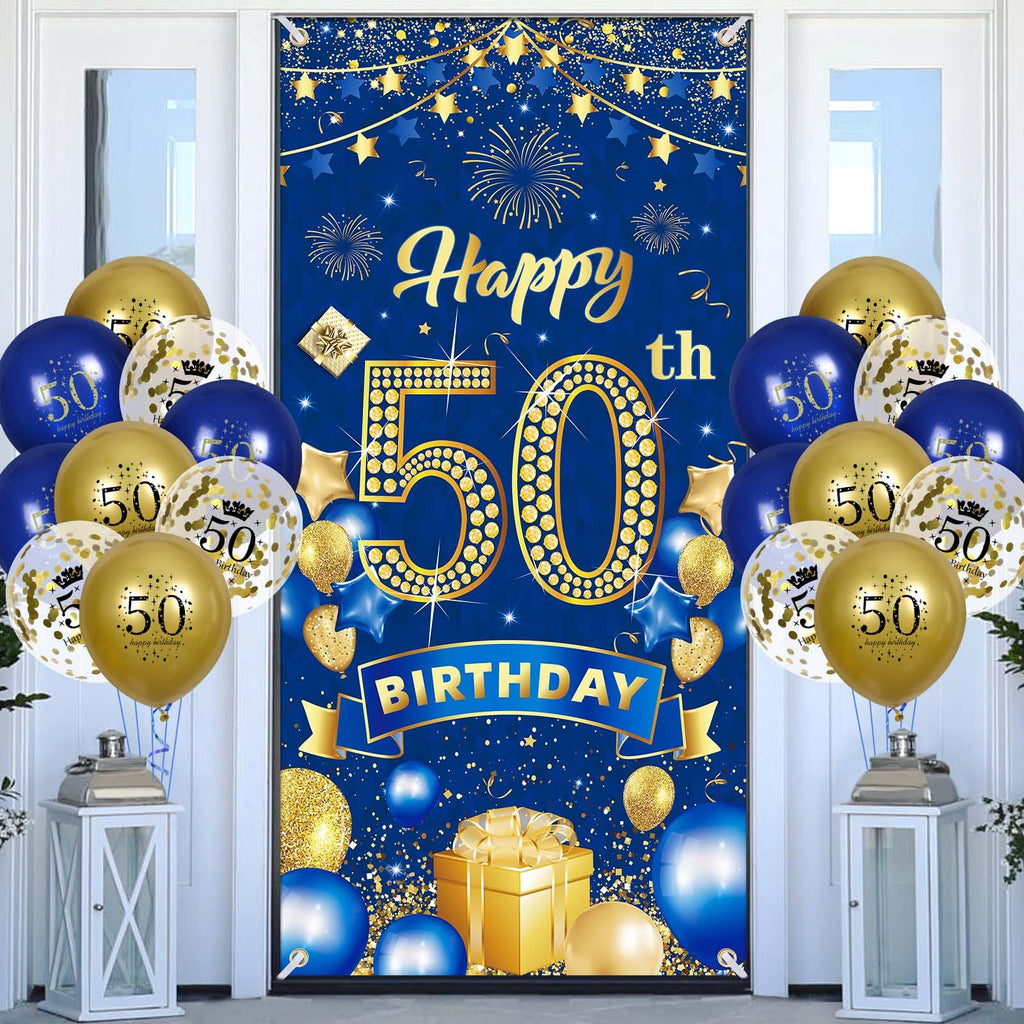 Rumia 50th Birthday Decorations: Navy Blue Gold Banner & 18 Balloons Set