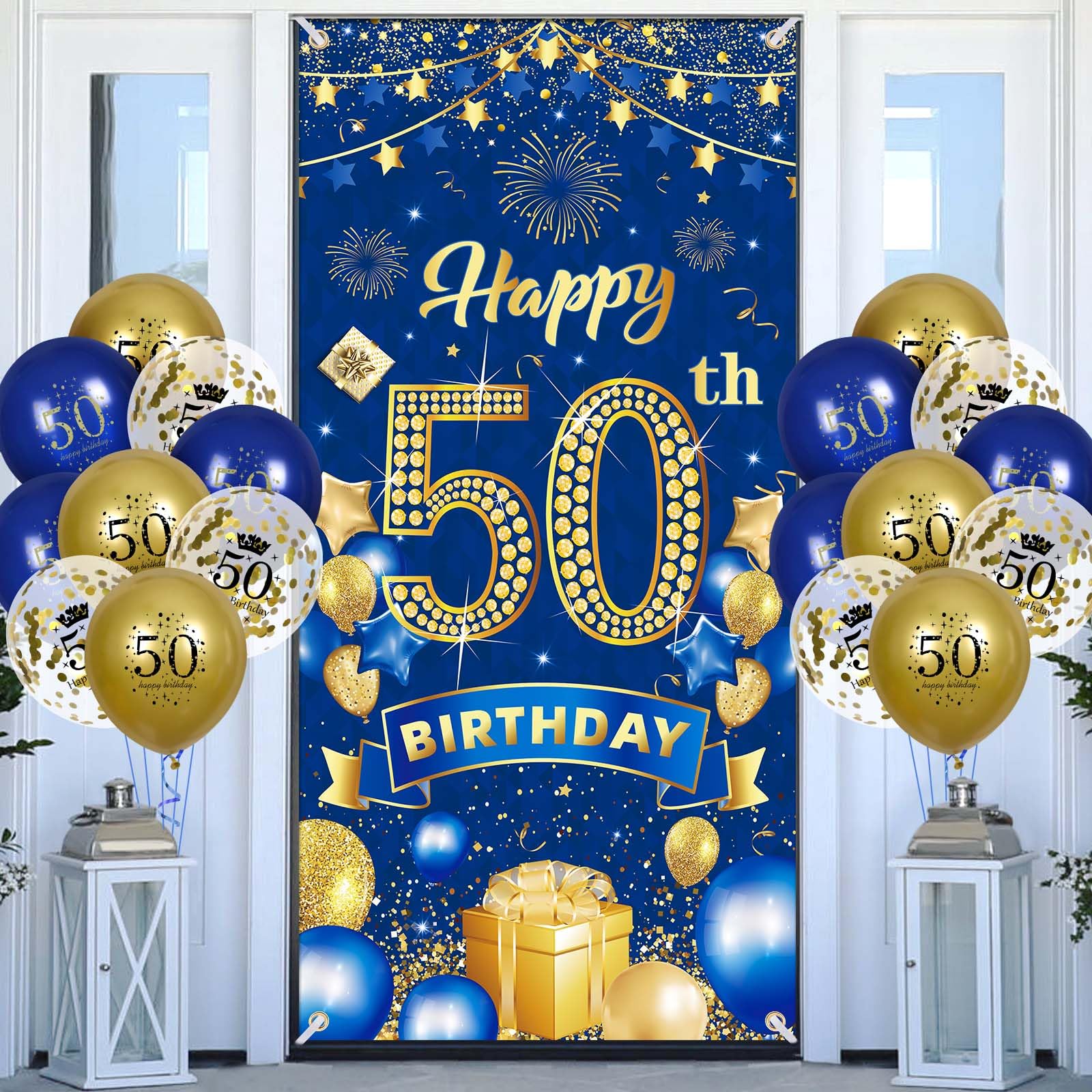 Rumia 50th Birthday Decorations: Navy Blue Gold Banner & 18 Balloons Set