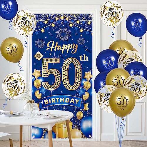 Rumia 50th Birthday Decorations: Navy Blue Gold Banner & 18 Balloons Set