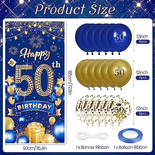 Rumia 50th Birthday Decorations: Navy Blue Gold Banner & 18 Balloons Set