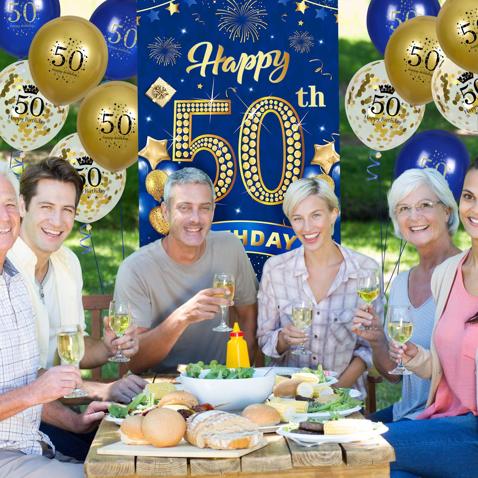 Rumia 50th Birthday Decorations: Navy Blue Gold Banner & 18 Balloons Set