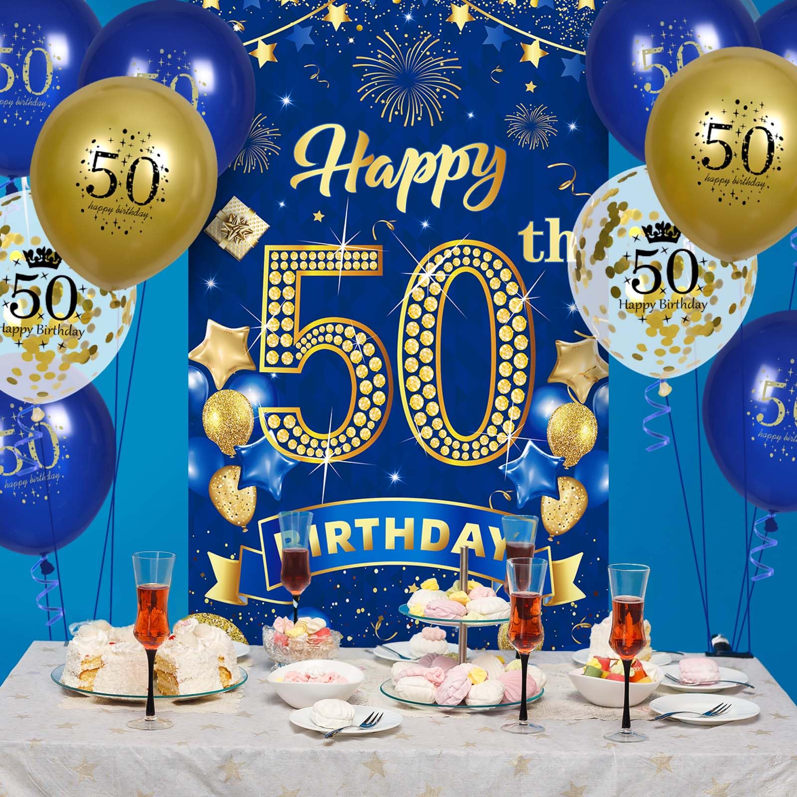 Rumia 50th Birthday Decorations: Navy Blue Gold Banner & 18 Balloons Set