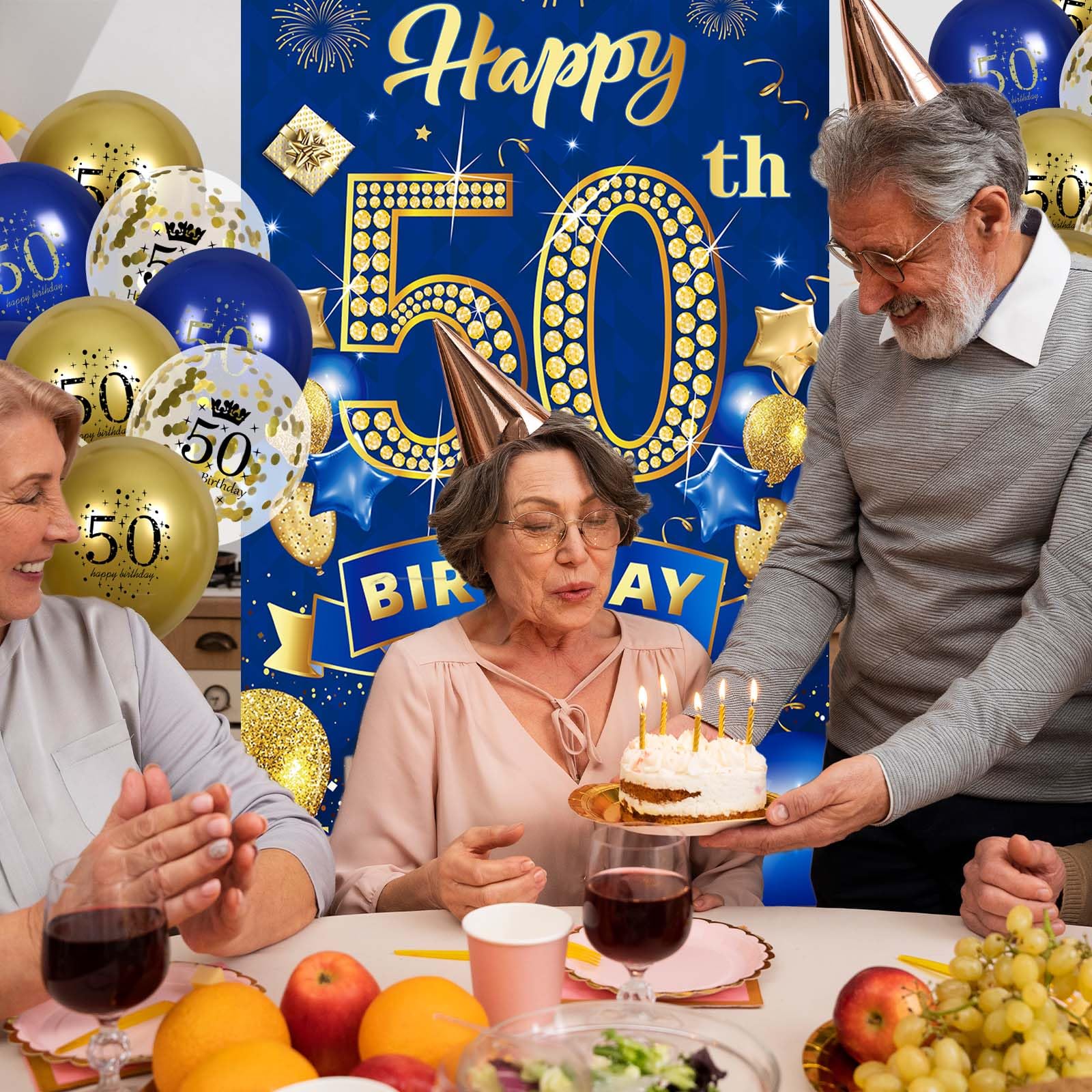 Rumia 50th Birthday Decorations: Navy Blue Gold Banner & 18 Balloons Set