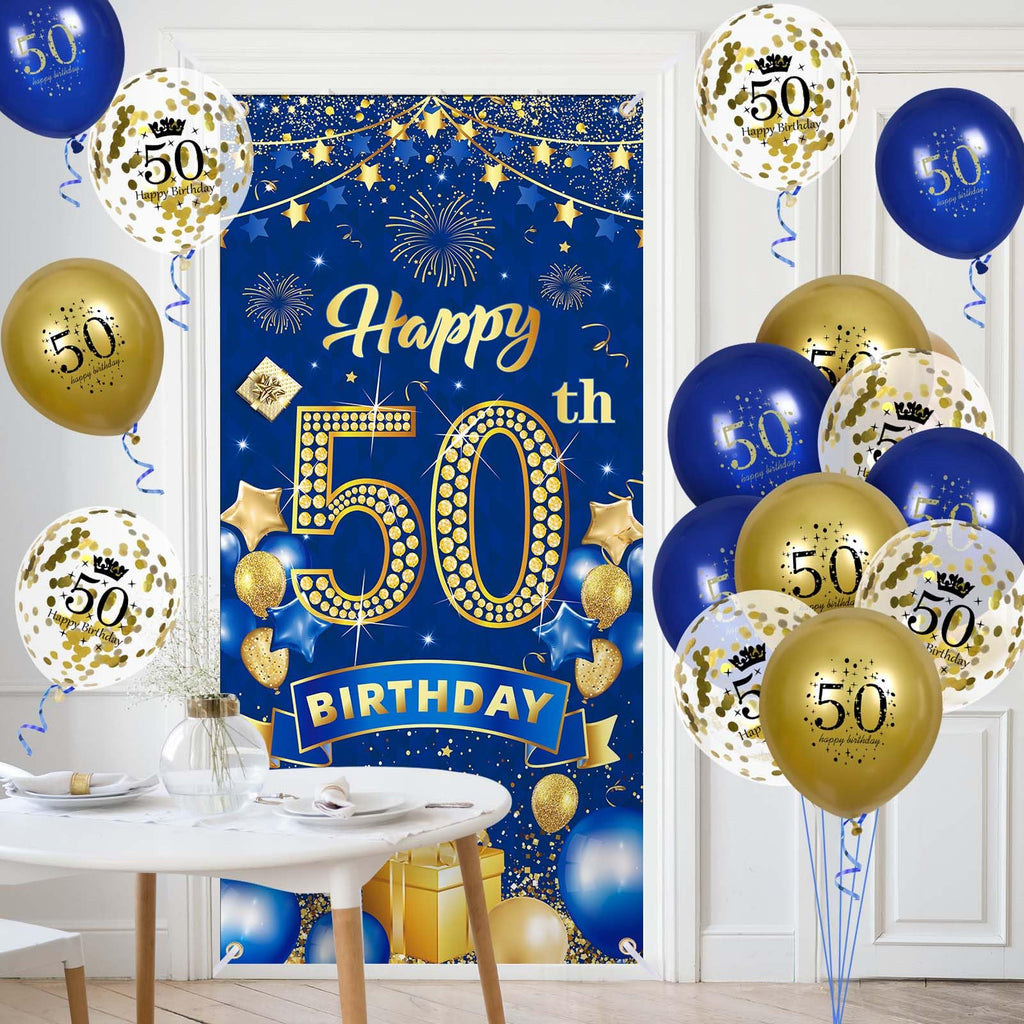 Rumia 50th Birthday Decorations: Navy Blue Gold Banner & 18 Balloons Set