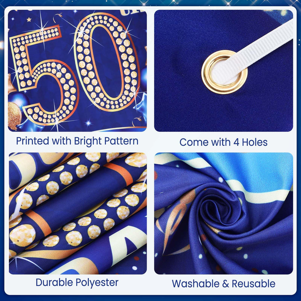 Rumia 50th Birthday Decorations: Navy Blue Gold Banner & 18 Balloons Set