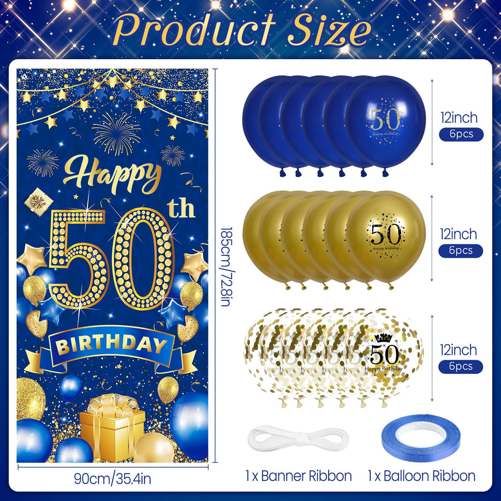 Rumia 50th Birthday Decorations: Navy Blue Gold Banner & 18 Balloons Set