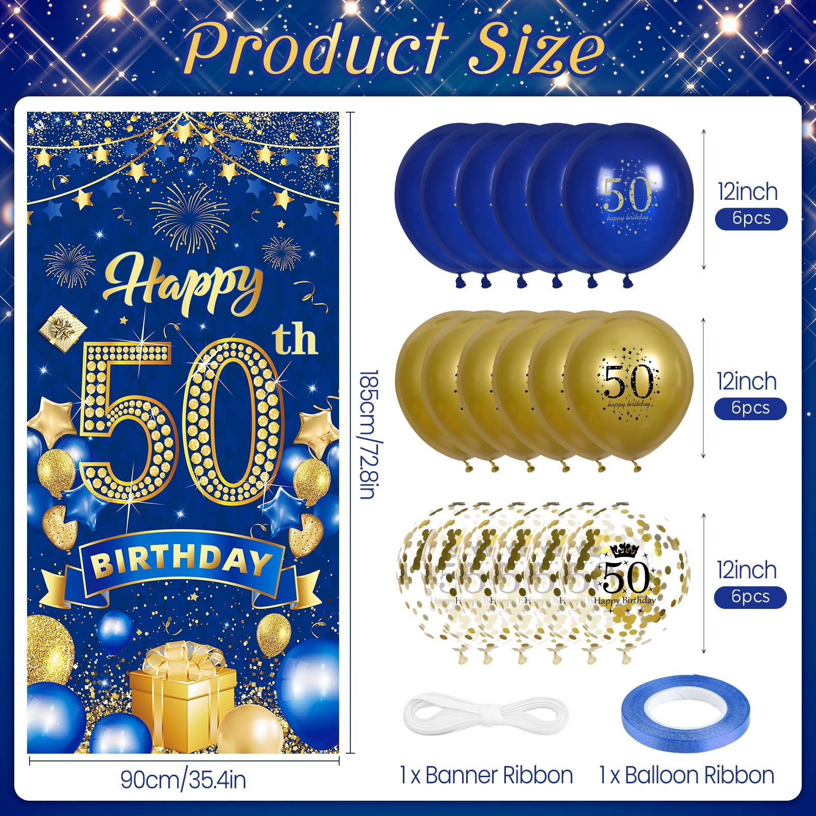 Rumia 50th Birthday Decorations: Navy Blue Gold Banner & 18 Balloons Set