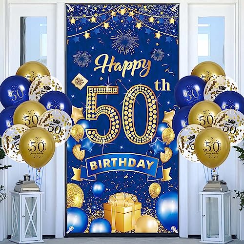 Rumia 50th Birthday Decorations: Navy Blue Gold Banner & 18 Balloons Set
