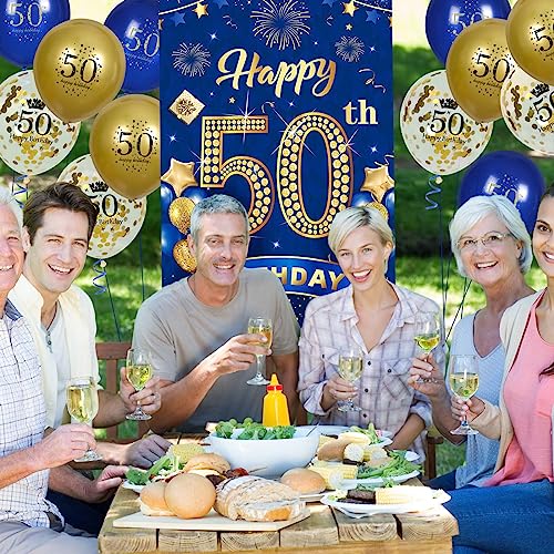 Rumia 50th Birthday Decorations: Navy Blue Gold Banner & 18 Balloons Set