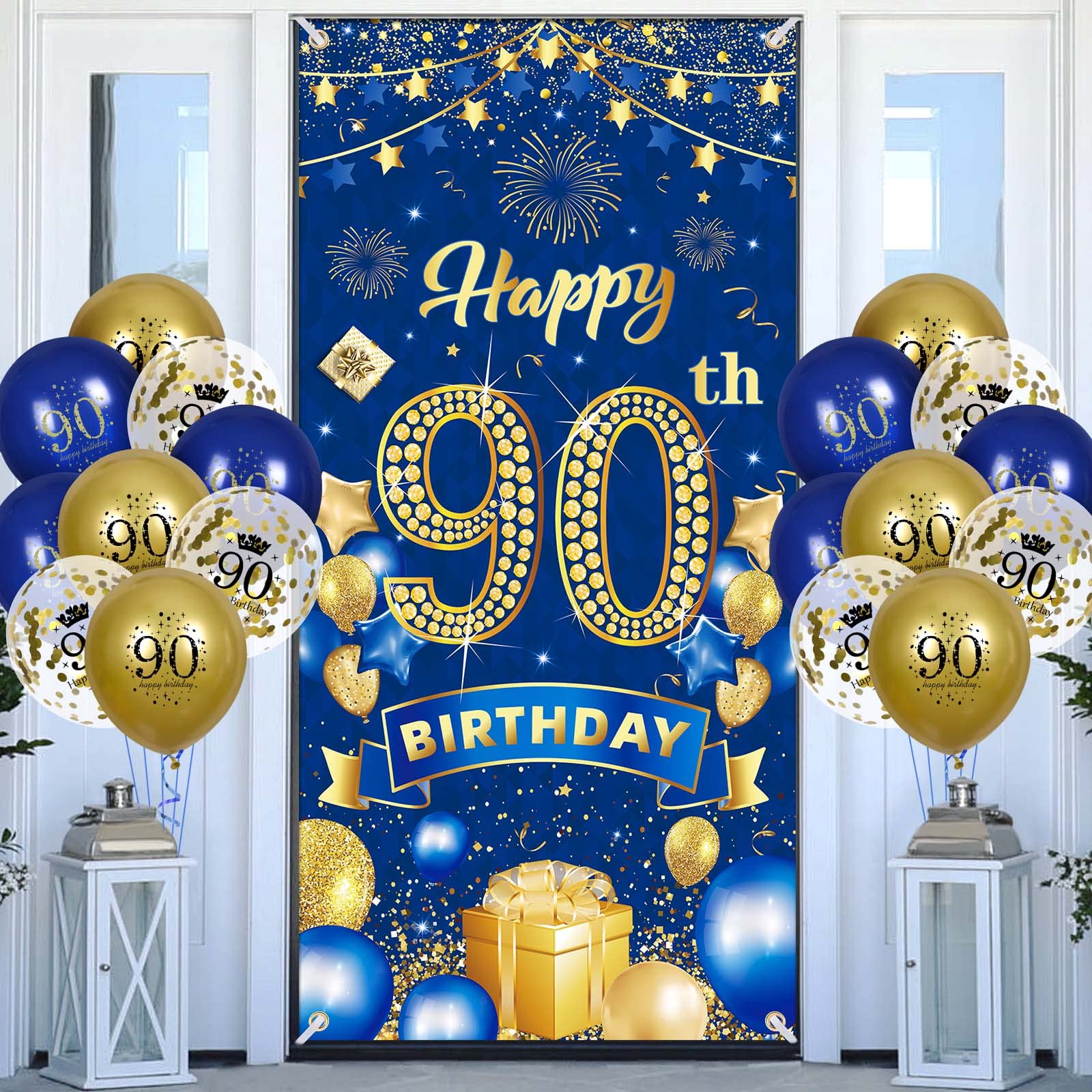 Rumia Navy Blue & Gold 90th Birthday Banner with 18 Balloons Set