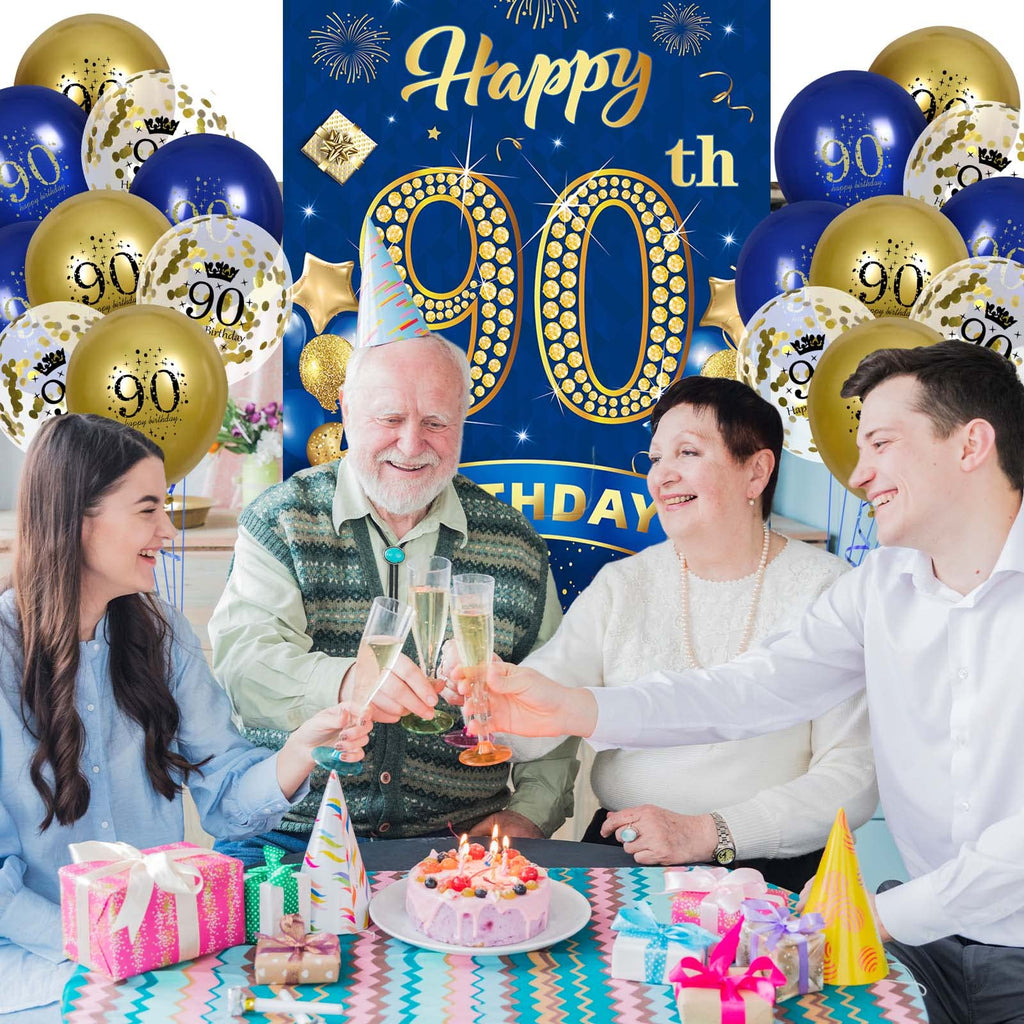 Rumia Navy Blue & Gold 90th Birthday Banner with 18 Balloons Set